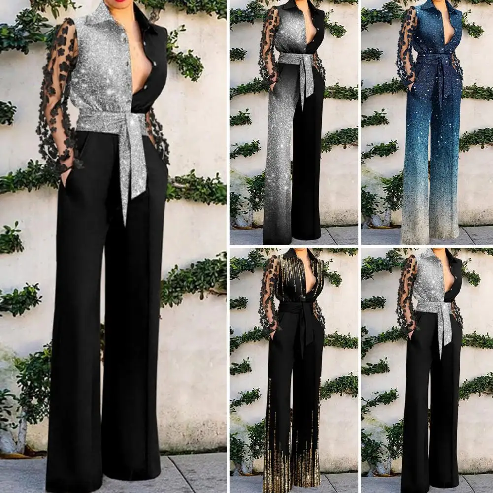 

One-piece Flower Decor Net Yarn Sleeve Women Jumpsuit Turn-Down Collar Patchwork Color Belt Pockets Jumpsuit Office Streetwear
