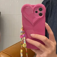 jome ins cute love heart smiley round beads phone with chain case for iphone 11 12 pro xs max x xr 7 8 plus se 2020 soft cover