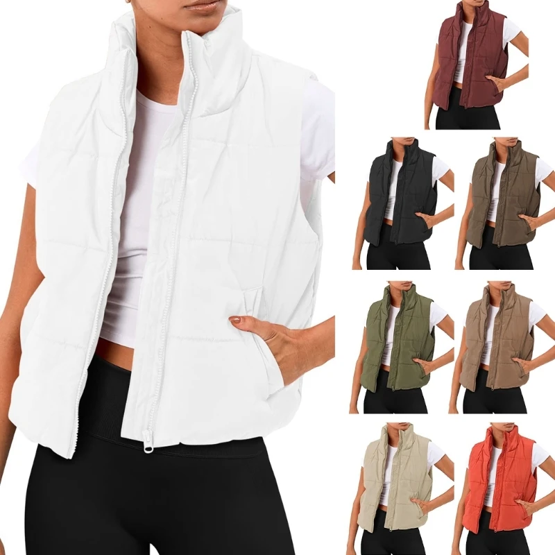 

Womens Quilted Vest Stand Collar Lightweight Padded Gilet Cropped Length Warm Sleeveless Waistcoat
