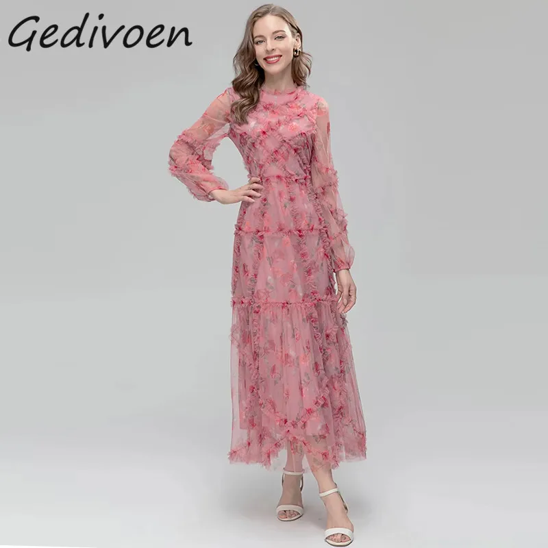 

Женское модельное Сетчатое платье Gedivoen, винтажное платье с круглым вырезом и оборками, Элегантное Длинное платье с высокой талией