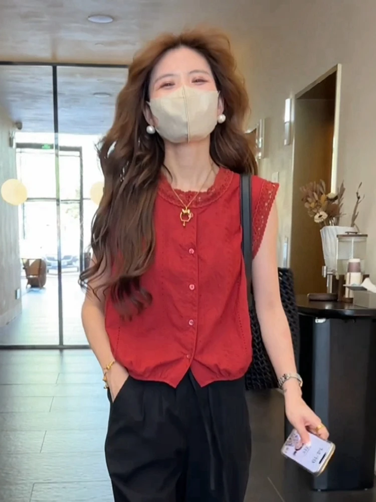 Ажурные кружевные рубашки без рукавов для женщин новинка 2024 летний дизайнерский