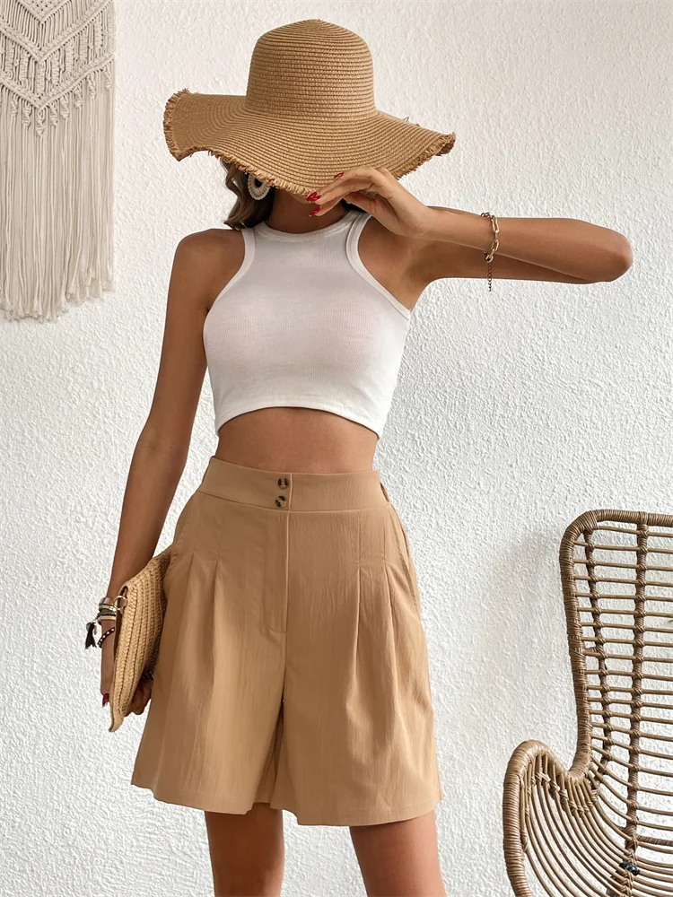 

Women's Loose Shorts High Waist Casual Solid Color Wide Leg Pants Button Three-point Pants 2023 Summer Thin Commuter Clothing