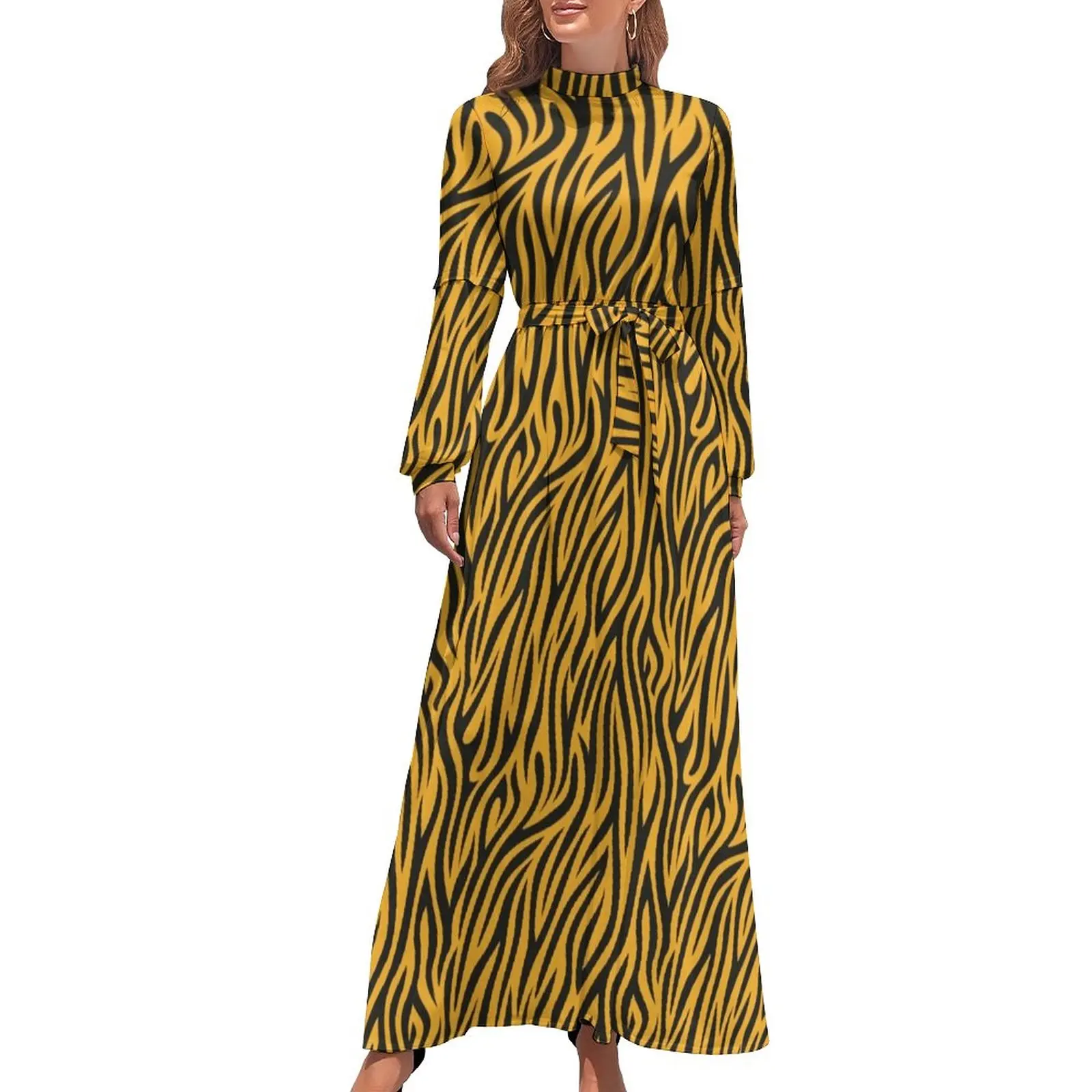

Дизайнерское платье с принтом тигра, корейское модное пляжное платье в золотую полоску в стиле бохо, женское длинное платье макси с длинным рукавом и высокой талией