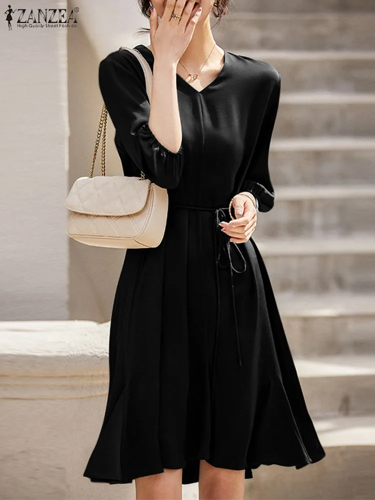 

Коллекция 2023 года, Элегантный дизайнерский атласный сарафан ZANZEA, летние платья с V-образным вырезом и рукавом 3/4, женское однотонное Повседневное платье, модное офисное платье