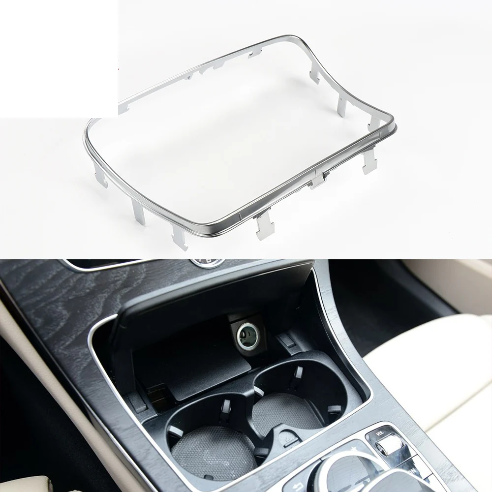 Фото Для Mercedes Benz GLC C Class W253 W205 2015-2020 Авто центральная консоль Пепельница Держатель чашки Накладка Серебристая хромированная рамка №2