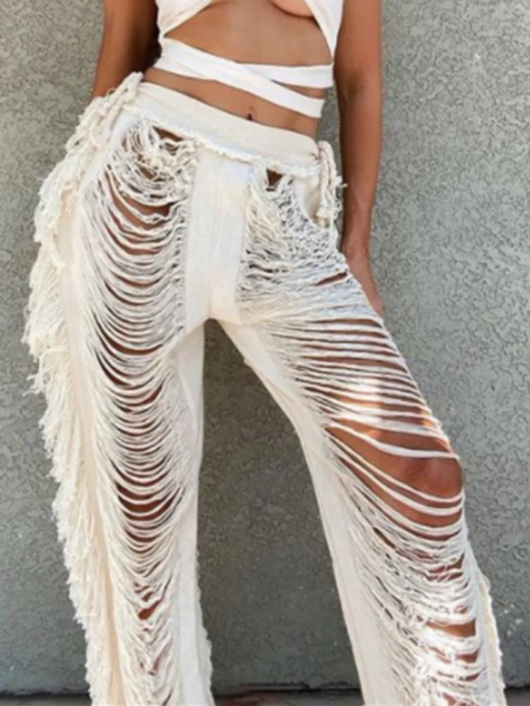 

Women Fashion Y2K Solid Knitted Straight Pants Hipster Tassel Hollow Out High-Waist Bottoms Streetwear Christmas Trousers New