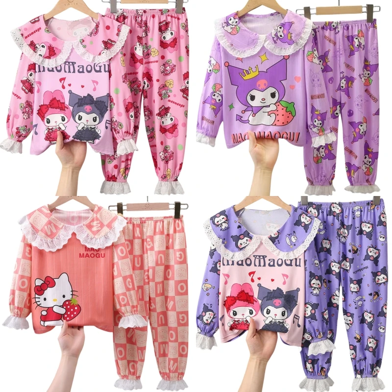 

Sanrios аниме Hellokittys My Melody Kuromi Kawaii детская Милая Тонкая Домашняя одежда Мультяшные штаны с длинными рукавами пижамный комплект одежды