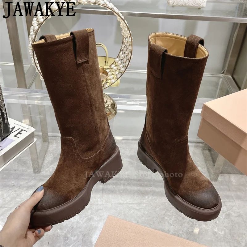 Замшевые Кожаные Сапоги до колена с круглым носком на толстой подошве женские