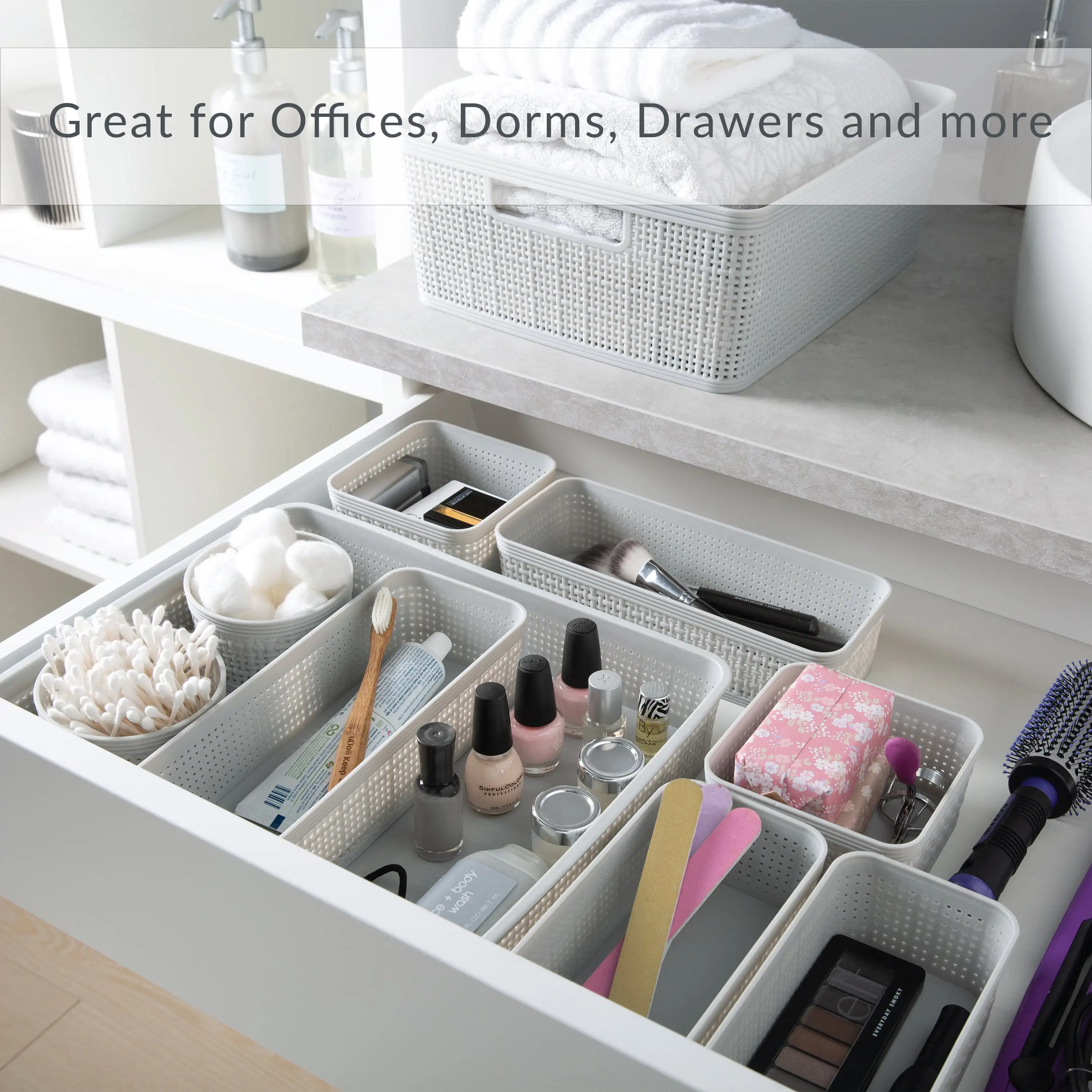

5 Pack Multi-Sized Plastic Organizing Storage Basket Set, Grey，Desk Organiser