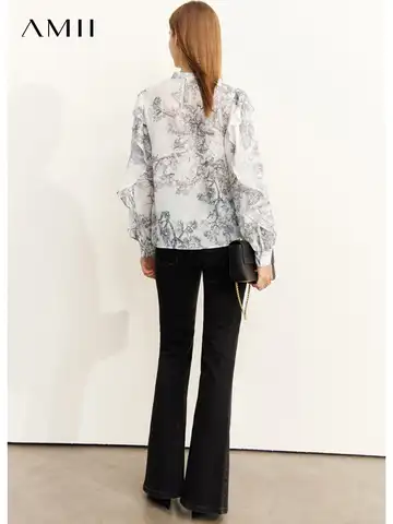 AMII Minimalism 2022 Autumn Long Sleeve Stand Collar Blouses for Women Floral Printed Ruffled Sleeve Elegant Female Tops 2270368