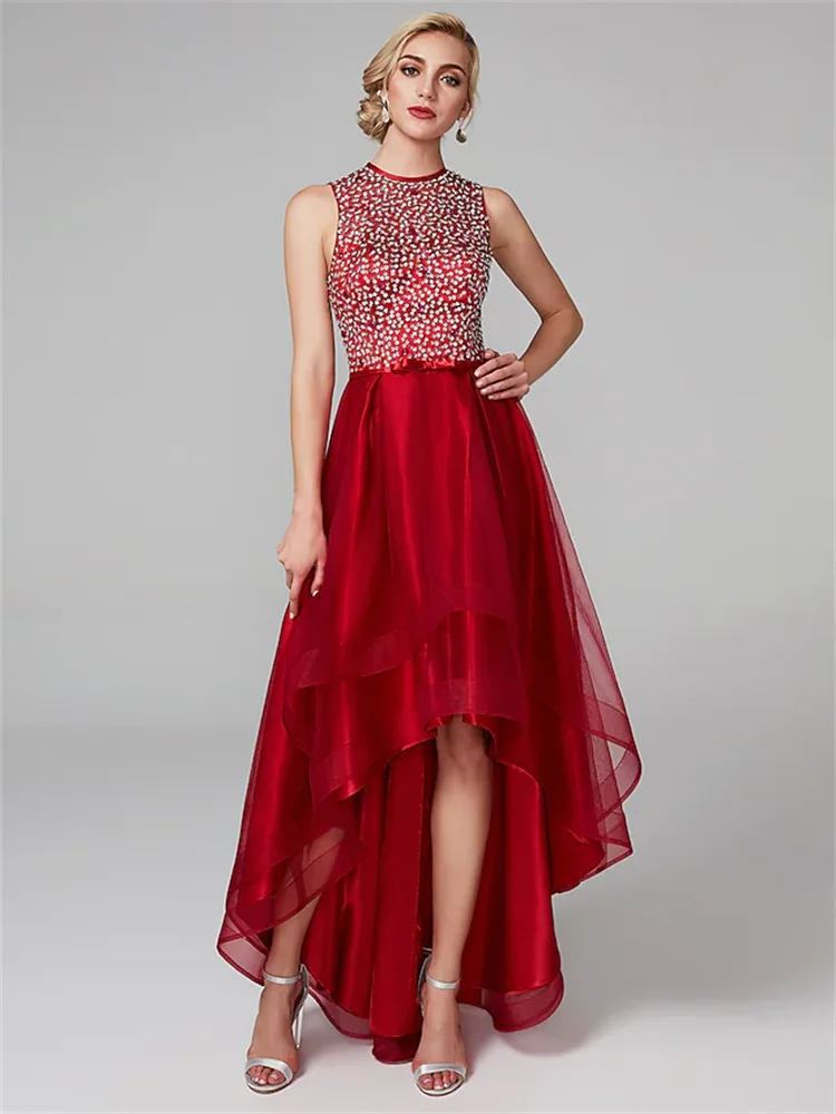 

A-Line Sparkle & Shine Dress Cocktail Party Asymmetrical Sleeveless Jewel Neck Satin with Bow Sequin Elegant Shiny Beaded Dress