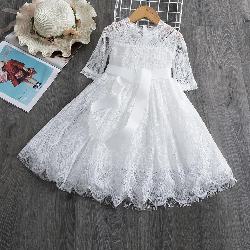 Girls Wedding Party Spring Lace Princess Dress Kids Long Sleeve Flower Backless Dresses Children Fluffy Cake Flower White Clothe images - 6