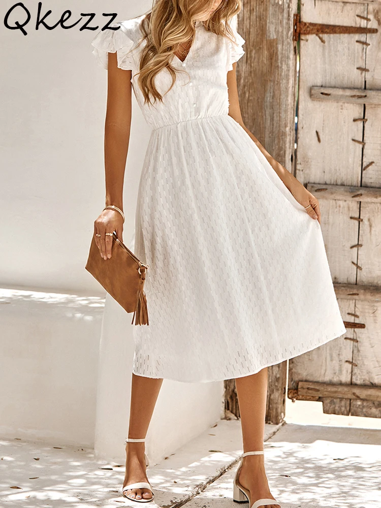 

Qkezz Slim Waist Elegant Dress V Neck Button White Maxi Dresses Summer Spring Flowy Long Chic Solid Ruffle Short Sleeve Robe