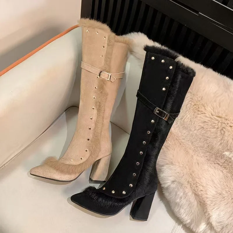Зимние женские высокие сапоги на меху туфли высоком каблуке зимние с острым