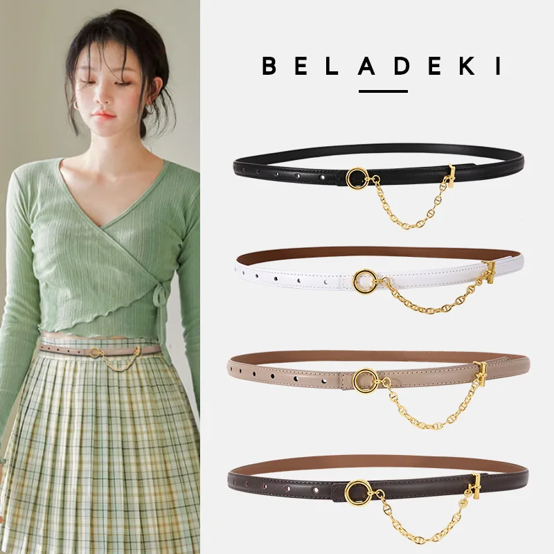New Ladies Leather Belt with Metal Chain Decoration Fashion All-match Pants Decorative Belt High Quality Designer Clothing Belt