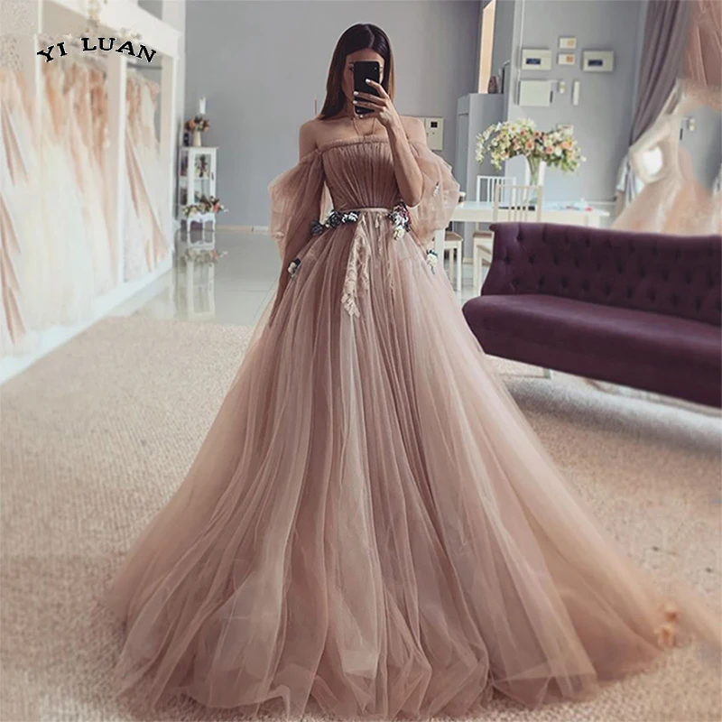 Купи Khaki Evening Dress Fairy Pleated Tulle Off Shoulder Bubble Sleeve Vestidos De Fiesta Flower Wedding Dress Customized за 4,268 рублей в магазине AliExpress