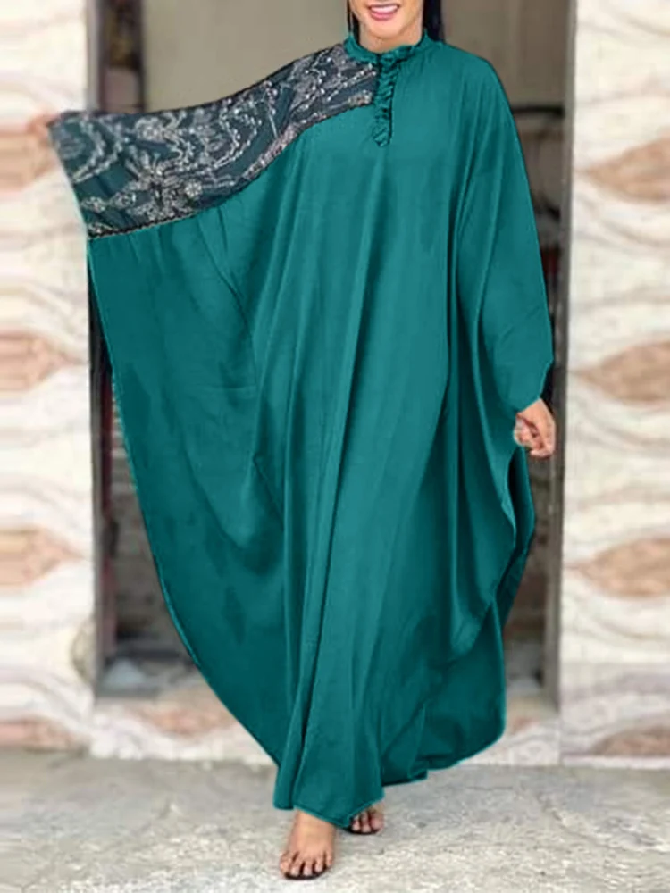 

VONDA Oversized Female Batwing Sleeve Vintage Holiday Robe Women Fashion Vestidos Stylish Sundress Long Sleeve Button Maxi Dress