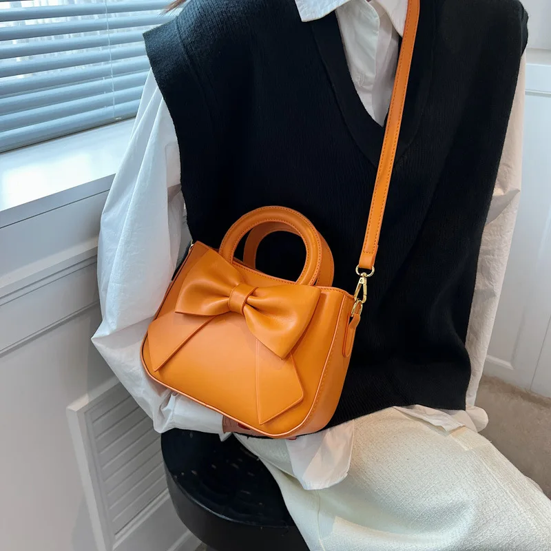 Simple Bow Design Women's Pu Handbag 2022 New Bucket Bag Ladies High Quality Fashion Shoulder Bag
