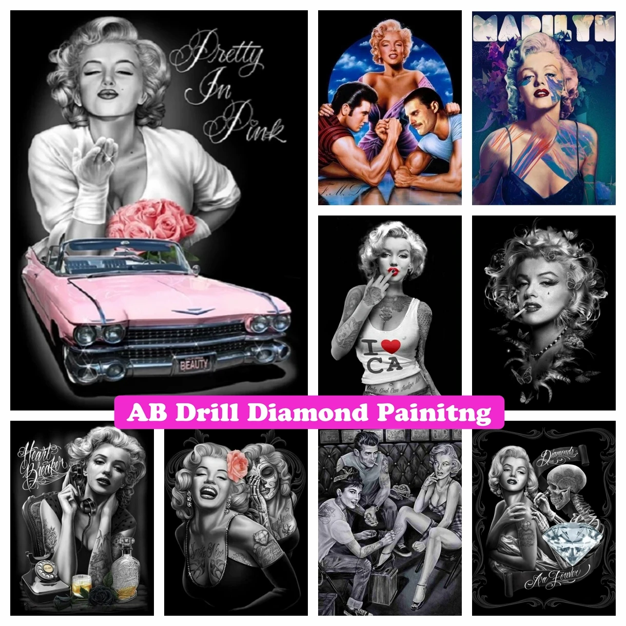 

Marilyn Monroe Art 5D DIY AB Drills Diamond Embroidery Painting Famous Actor Black White Portrait Cross Stitch Mosaic Home Decor