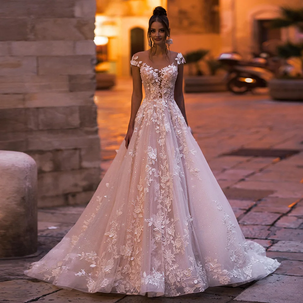 

Graceful Lace Wedding Dresses Cap Sleeves A Line Open Back With Button Appliques Hochzeitskleid Bridal Gowns Vestidos De Noiva