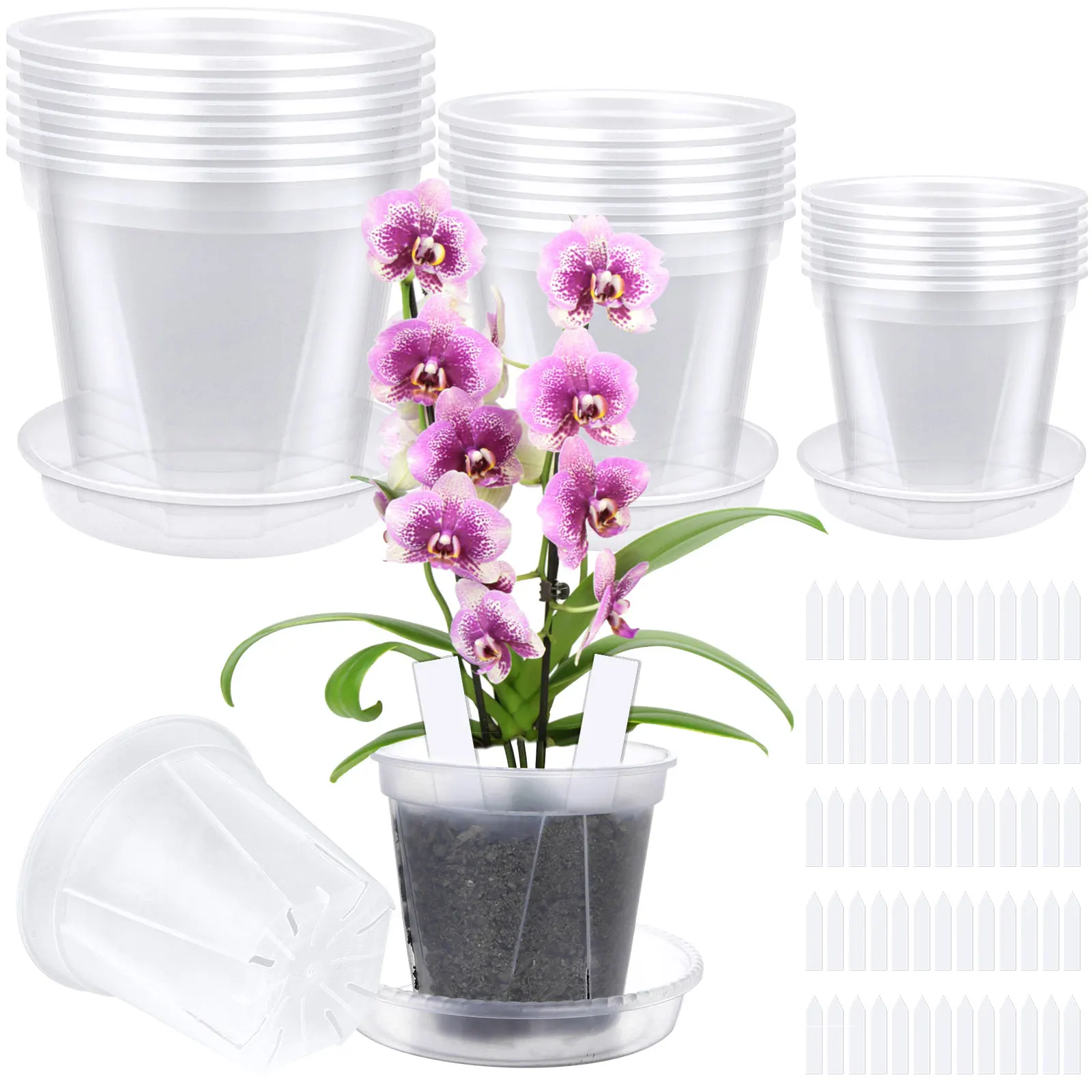

3 Sizes 18-Pack Plastic Pots Clear Pots with Tray and 100 Pcs of Plant Labels