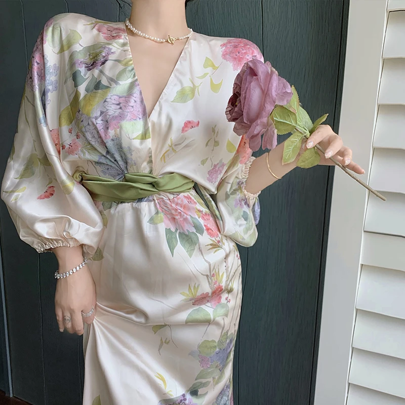 

Printing Midi Bodycon Dress Elegant Japan Style V-Neck Long Half Batwing Sleeve Sashes Floral Maxi Dresses for Women Summer 2023
