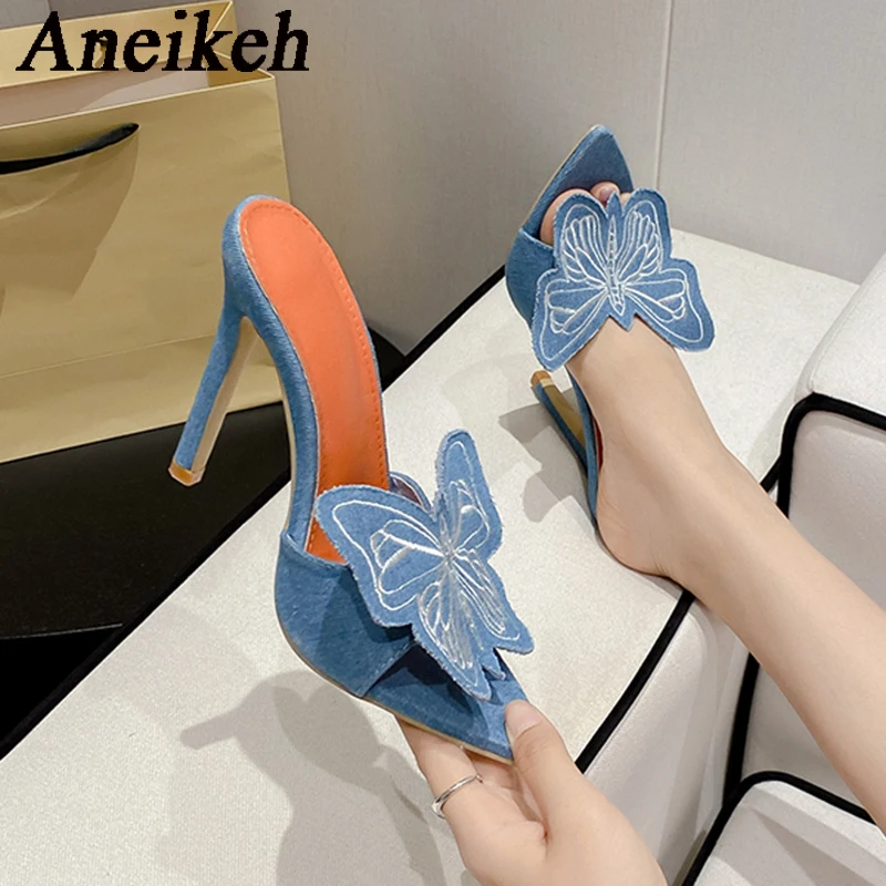 

Aneikeh 2024 Elegant Sexy Pointed Toe Open Toe Thin Heel Sandals Women Denim Butterfly Decor High Heel Party Dress Zapatos Mules