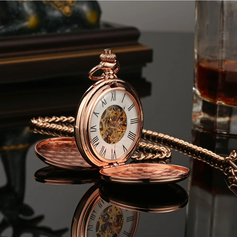 Luxury Dual Open Case Vintage Gold Mechanical Pocket Watch for Men Women Skeleton Dial Roman Numeral Man Fob Chain Pendant Clock