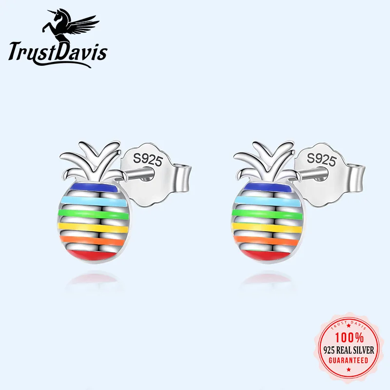 

Trustdavis Genuine Fashion 925 Sterling Silver Sweet Cute Rainbow Pineapple Stud Earring For Women Wedding Jewelry Gift DS2426