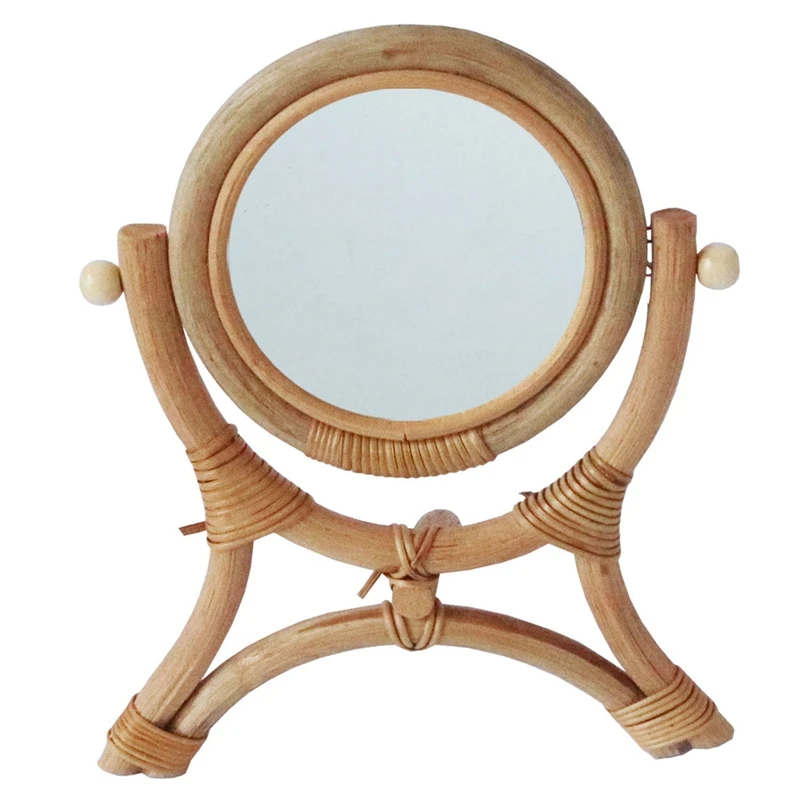 

Hand-Woven Table Makeup Mirror With Stand Rack Natural Rattan Dressing Retro Desktop Mirror Vertical Flip Handmade Round