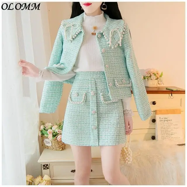 Matching Sets For Women Korean New Pearls Small Fragrance Fashion Heavy Industry Nail Bead Tweed Coat High Waist Skirt Two Piece