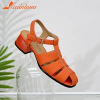 luxury genuine leather cow new ladies sandals square high heels 3 5cm rome women sandals concise casual buckle solid shoes woman