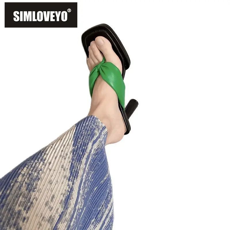 

SIMLOVEYO 2022 Women Sandals Flip Flops Clip Toe Mules Round Heels Outdoor Slippers Fashion Size 35-40 Solid Green Black S3885