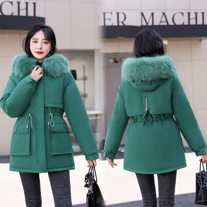 Autumn Winter New Women Hooded Parka Down Jacket Long Over The Knee Plus Velvet Warm Fur Collar Solid Color Large Size Coats