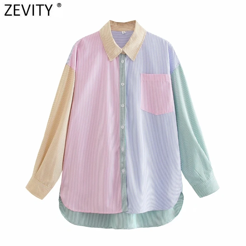 Zevity New Women Fashion Candy Colors Patchwork Striped Shirt Female Pocket Patch Oversize Blouse Chic Summer Blusas Tops LS9472