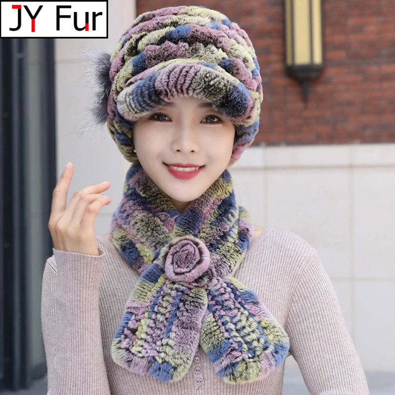 Женская вязаная шапка и шарф зимняя из натурального кроличьего меха - купить по