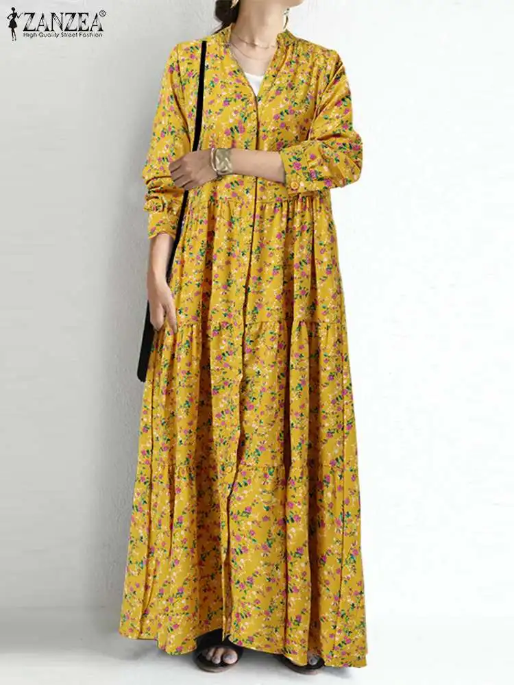 

Платье ZANZEA женское с длинным рукавом, элегантное свободное удобное праздничное платье в Корейском стиле для офиса и отдыха, с цветочным при...