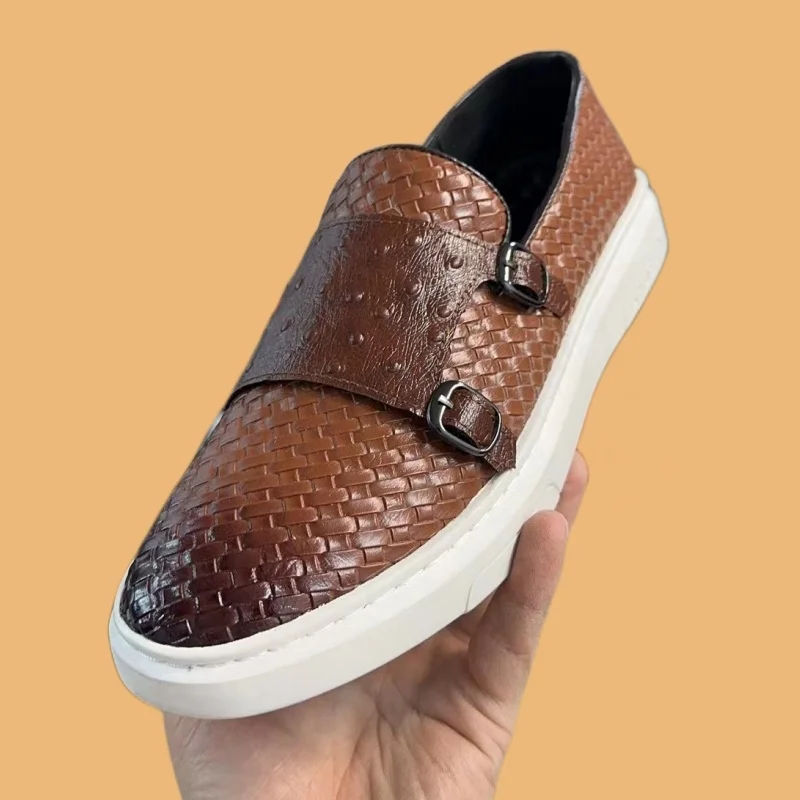 

New Brown Men's Shoes Black Slip-On Lazy Shoes Handmade Men Casual Shoes Vulcanize Shoes Double Buckle Monk