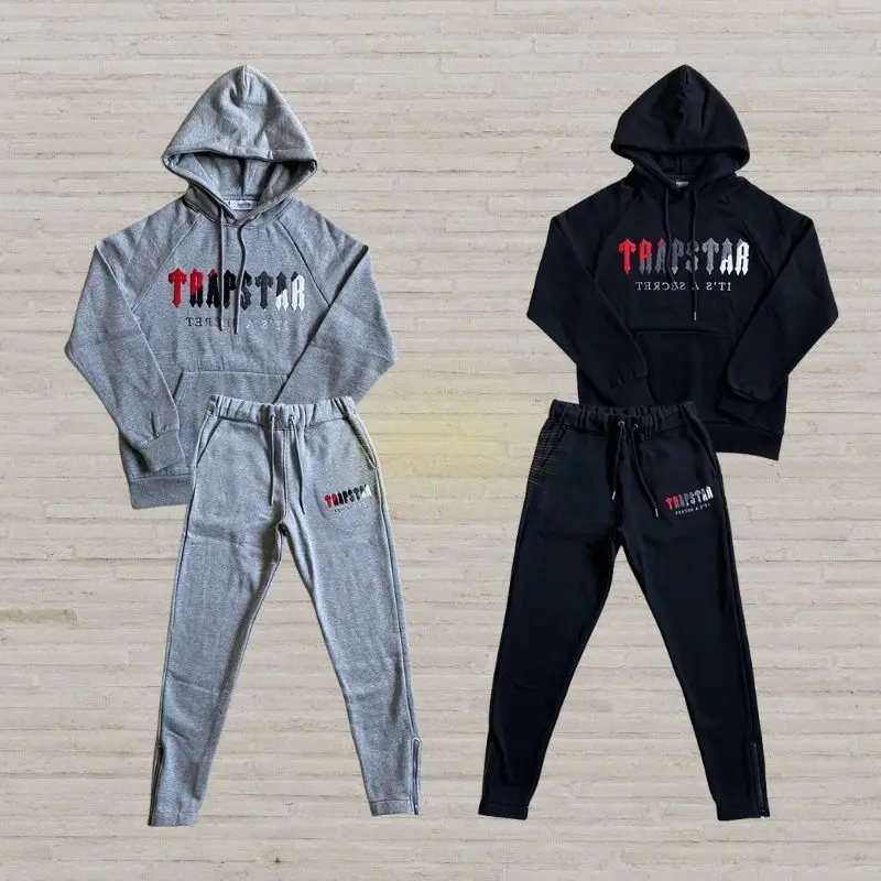 

Track Trapstar Hoodies Red Gray Gradient Towel Embroidery Fleece Hooded Sweatshirts Set Suit