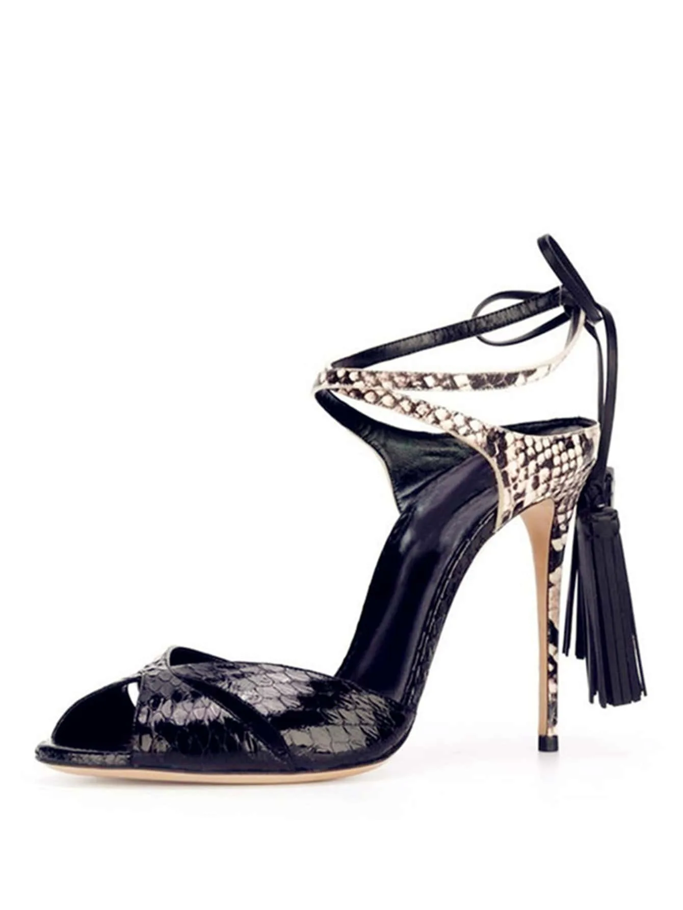 

Women's Gladiator Sandals Open Toe Stiletto High Heeled Sandals Snakeskin Print Ankle Strap Tassel Summer Heels Cross-tied Pumps