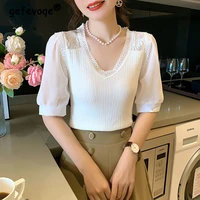 elegant chic lace patchwork korean fashion blouse tops women 2022 summer casual loose sweet short sleeve all match female shirts