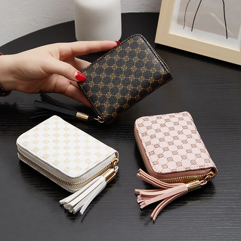 

Vintage Women's PU Leather Short Purse 14 Card Positions Zipper Card Holder Wallet Floral Print Tassel Wallets For Lady
