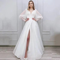 illusion a line wedding dress 2022 sexy v neck high split bridal gowns puffy sleeve tulle plus size princess bride dresses