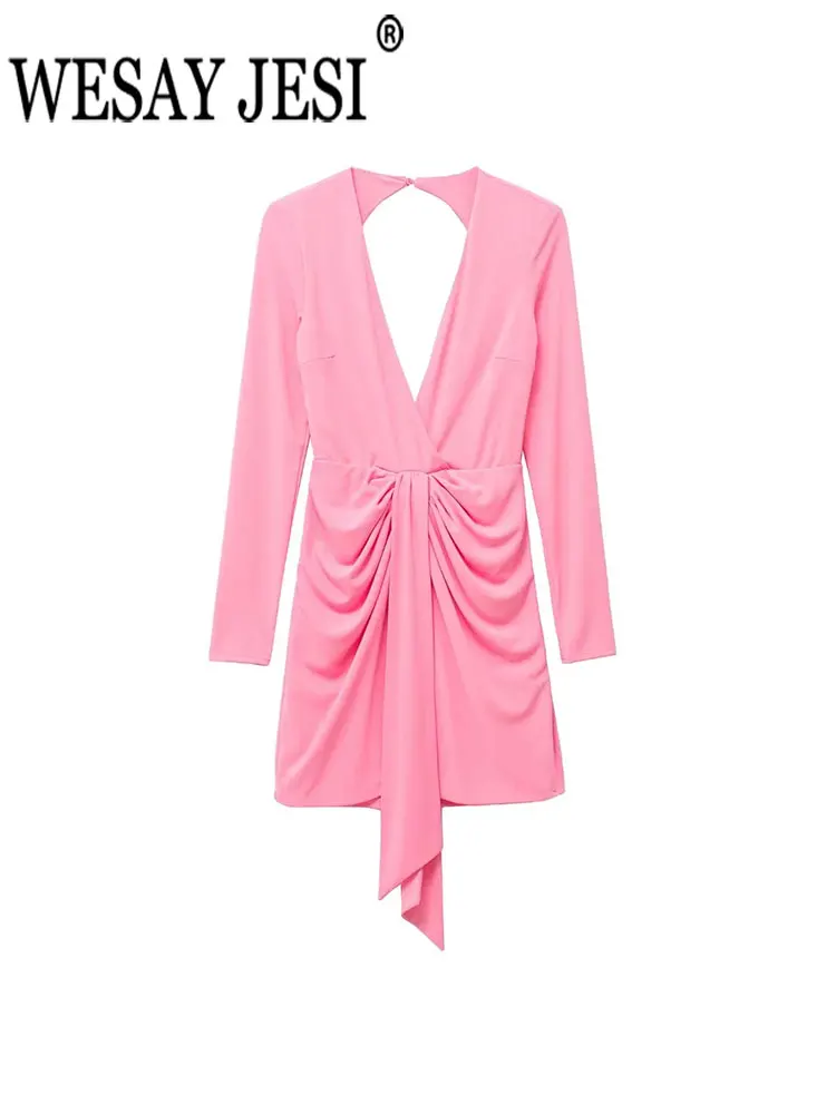 

Женские платья WESAY JESI с открытой спиной, однотонное длинное платье с бантом, длинным рукавом и V-образным вырезом, летнее женское уличное пов...