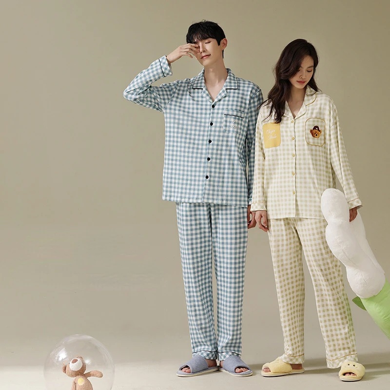 Autumn Casual Pajama Women Turn-Down Collar Long Sleeve Sleepwear Pants 2 Piece Sets Korean Pajamas Men Kawaii Home Clothes Suit