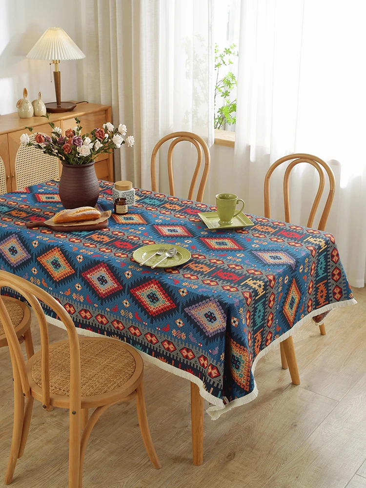 Bohemian Ethnic Sle Cotton and Linen Jacquard Fabric Tablecloth Festive Red Table Cloth Oil Painting Rectangular Tabl...