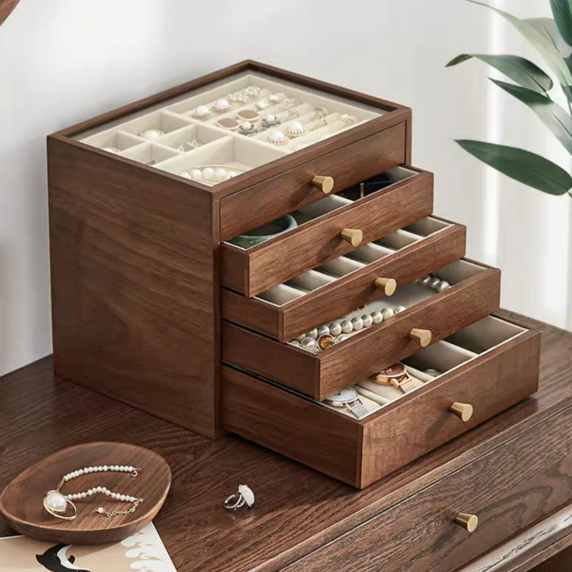 

Multilayer visual jewelry box household wood light luxury large capacity earrings studs ring put necklace storage box