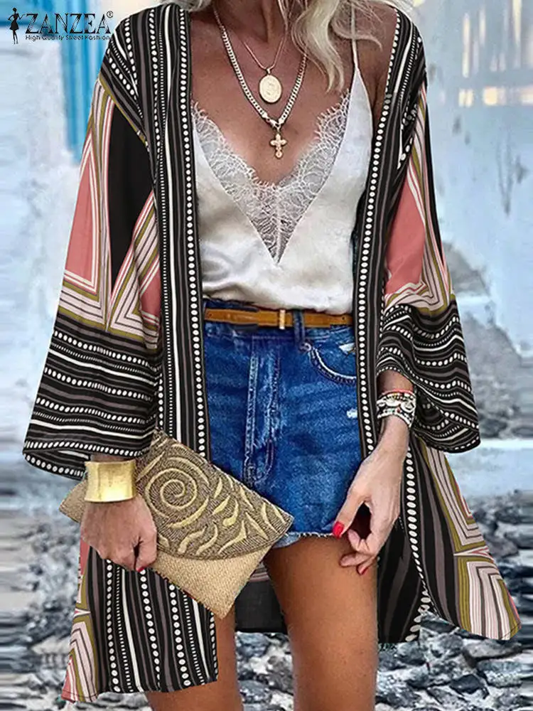 

Лето 2023, кардиган ZANZEA, Женская винтажная пляжная блузка, повседневные богемные праздничные кимоно, топы, блузы оверсайз с длинным рукавом и ...