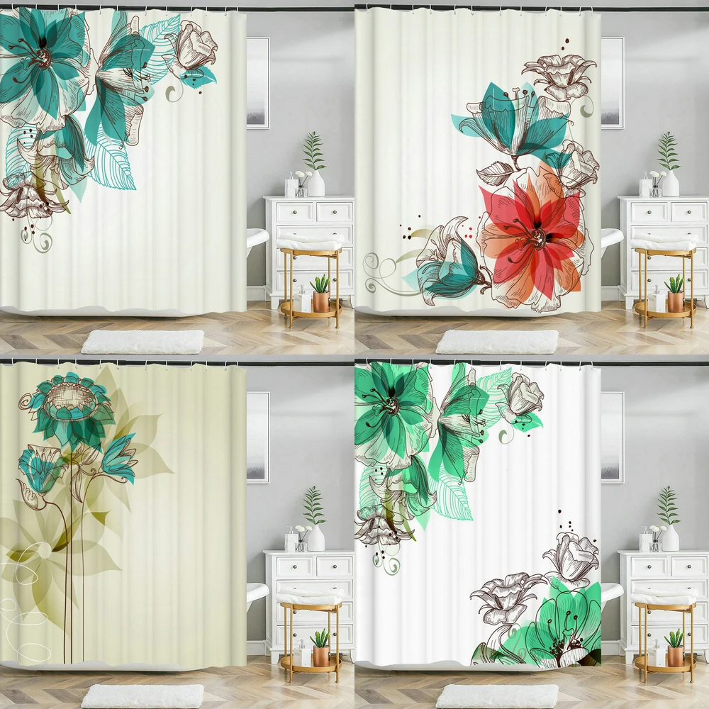 

3D Nordic Simple style Flowers Printing Bathroom Shower Curtain Polyester Waterproof Home Decoration Bathroom Curtain With Hook
