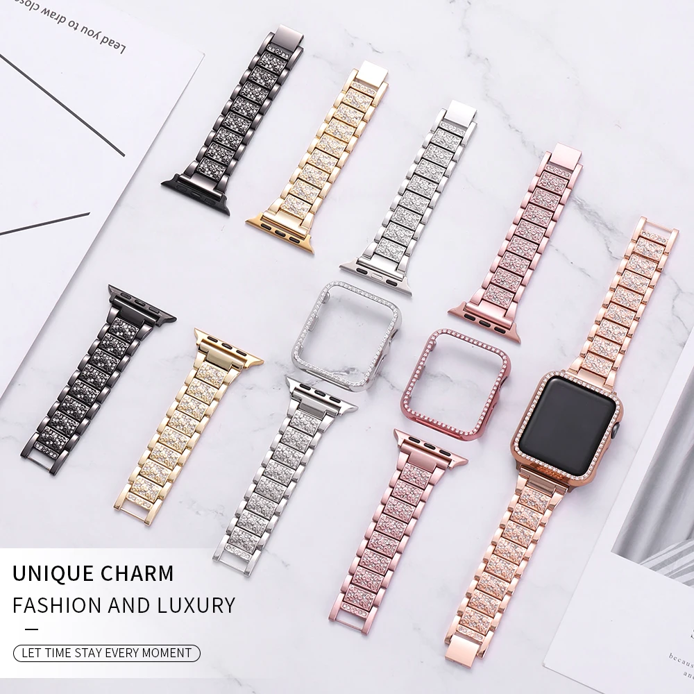 Band+case for Apple Watch diamond series5 4 3 21 metal female strap for iwatch 38mm40mm42mm44mm replacement bracelet accessories